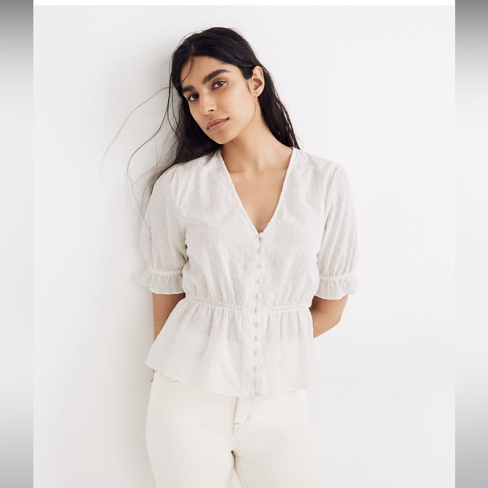 Madewell V-Neck Peplum Popover Top in Clipdot White